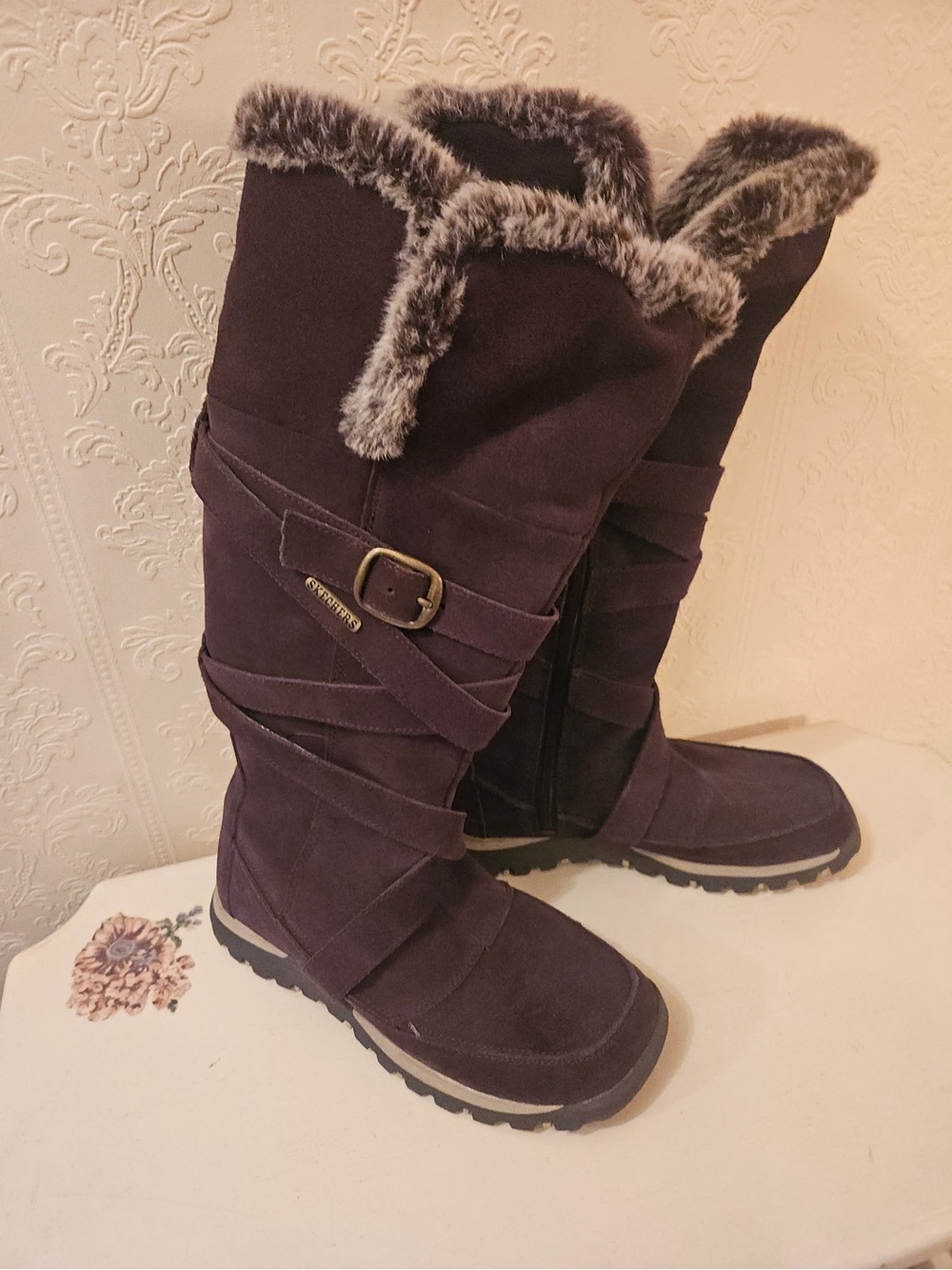 Skechers Women's Tall Faux Fur-Trim Winter Boots in Dark Brown Never Worn